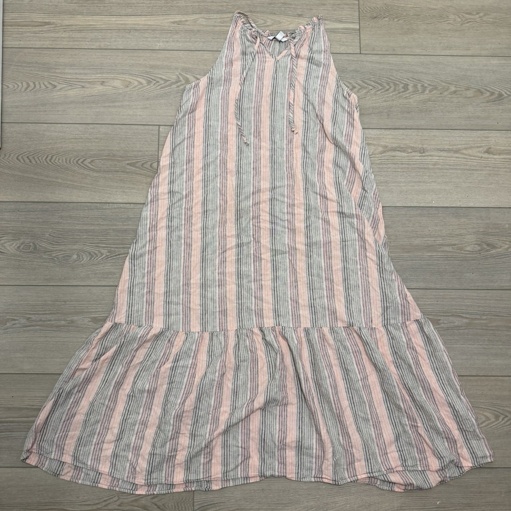 Nine West Womens XXL Pink Gray Striped Linen Blend Sleeveless Maxi Dress Boho